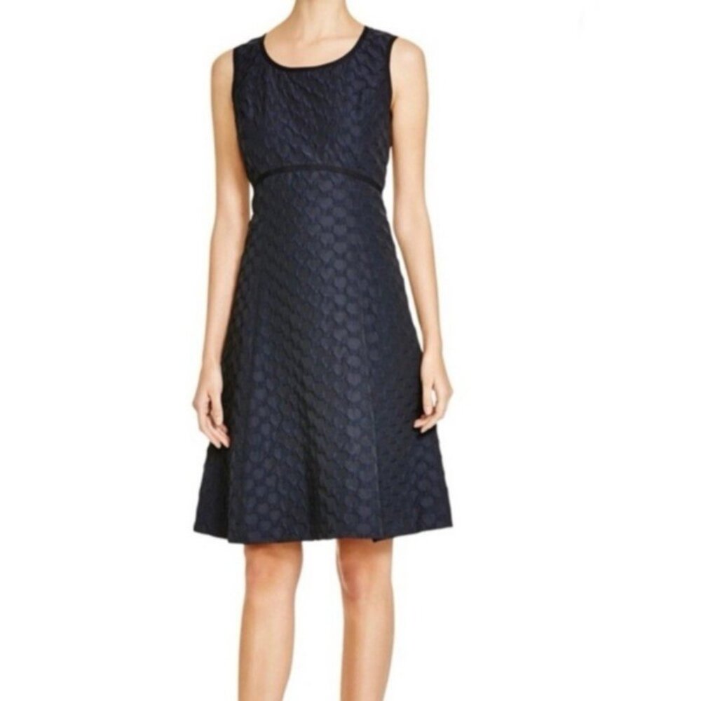 Lafayette 148 NY A Line Dress 6 Textured Navy Blue Stretch Sleeveless